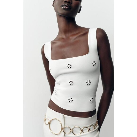 ZARA FLORAL EMBROIDERED STRETCH TOP - Picture 1 of 6